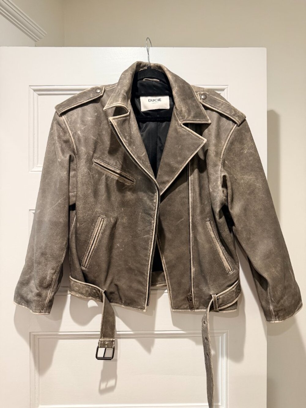 DUCIE London Macy Distressed Leather Jacket | Size L